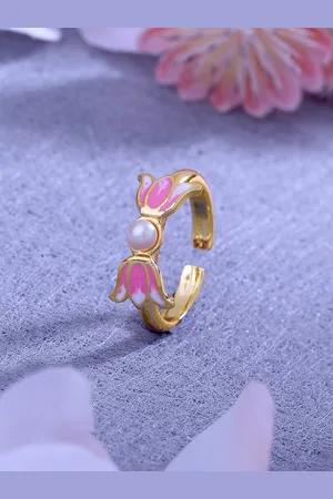 ESTELE Women Gold-Plated Enamelled Floral Design Adjustable Finger Ring
