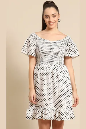 DODO & MOA Women White & Black Polka Dots Printed Fit and Flare Dress