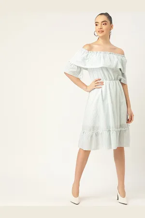DODO & MOA Women Blue & White Striped Off-Shoulder A-Line Dress