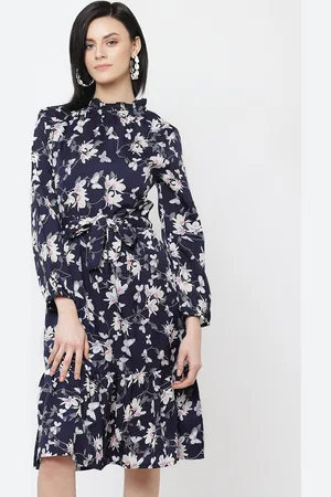DODO & MOA Women Navy Blue & Off-White Floral Printed A-Line Dress