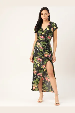 DODO & MOA Women Green & Black Printed High-Slit Wrap Maxi Dress
