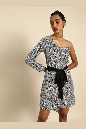 DODO & MOA Women Black Animal Printed One Shoulder A-Line Dress