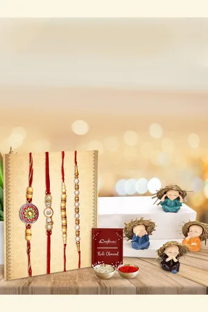 eCraftIndia Red & Gold-Toned Stone-Studded Rakhi Gift Set