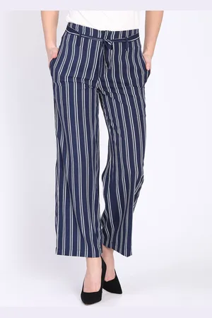 DODO & MOA Women Navy Blue Regular Fit Striped Parallel Trousers