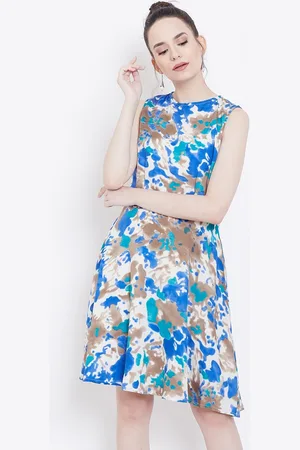 DODO & MOA Women Blue & Olive Brown Printed Fit & Flare Dress