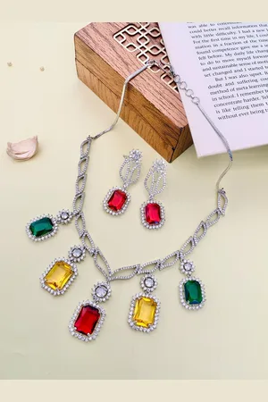ABDESIGNS Silver Plated American Diamond Studded Jewellery Set