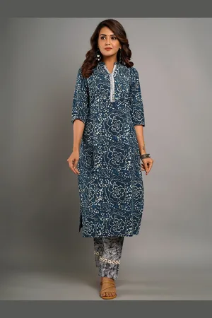 CRAFTED FOR YOU Women Navy Blue Yoke Design Pure Cotton Kurta with Trousers