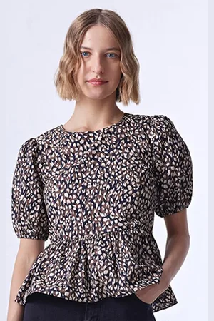 COVER STORY Brown Animal Printed Puff Sleeve Cotton Peplum Top