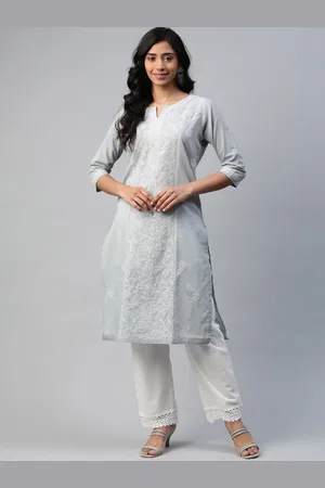 akheri Women Grey Ethnic Motifs Embroidered Chikankari Cotton Kurta