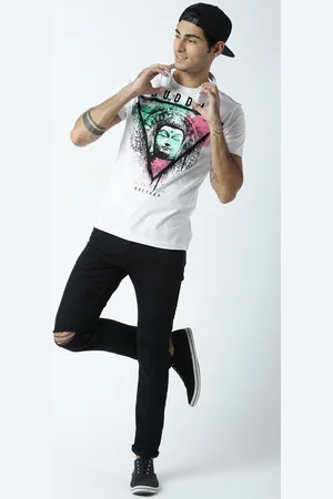 Huetrap Men White Buddha Print Round Neck T-Shirt