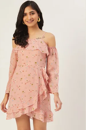 DODO & MOA Women Peach Floral Printed Georgette A-Line Dress
