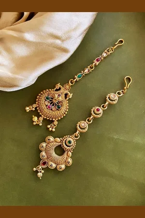ATIBELLE Set Of 2 Gold-Plated Stone Studded Floral Shaped Maangtikka