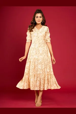 CRAFTED FOR YOU Women Peach Floral A-Line Midi Dress