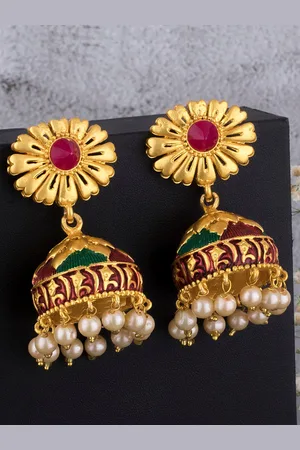 Alamod Gold-Plated Stone Studded & Beaded Floral Jhumkas Earrings