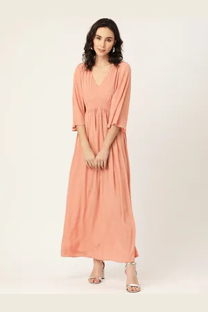 DODO & MOA Women Peach Coloured Solid Smocked Gathered Maxi Dress