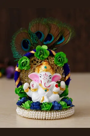 eCraftIndia Set of 4 Stone Studded & Beaded Rakhi With Ganesha Idol On Plate