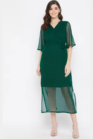 Color Cocktail Women Green Solid Wrap Dress