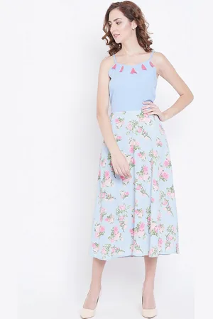 DODO & MOA Women Blue & Pink Floral Print Fit and Flare Dress