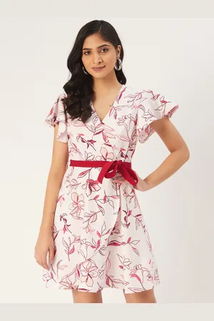 DODO & MOA Women White & Red Floral Print Wrap Dress with Belt
