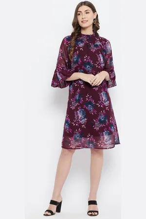 Color Cocktail Maroon Floral Georgette A-Line Dress