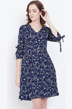DODO & MOA Women Navy Blue & White Floral Printed A-Line Dress