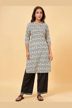 Pantaloons Floral Printed Mandarin Collar Pure Cotton Straight Kurta