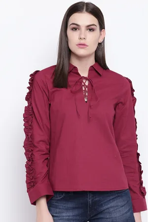 DODO & MOA Women Maroon Solid Pure Cotton Top