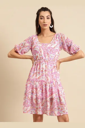 DODO & MOA Women Pink & White Printed Tiered A-Line Dress