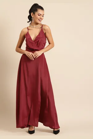 DODO & MOA Women Maroon Strap Shoulder Satin Maxi Dress