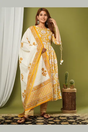 CRAFTED FOR YOU Women Yellow Printed Pure Cotton A-Line Kurta with Trousers & With Dupatta