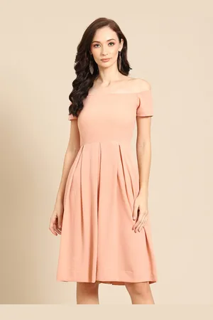 DODO & MOA Women Peach Solid Off-Shoulder Fit and Flare Dress