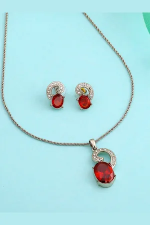 ESTELE Rhodium Plated Radiant Designer Pendant Set with Crystals