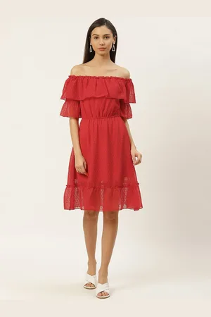 DODO & MOA Women Red Dobby Weave Off Shoulder Semi-Sheer A-Line Dress