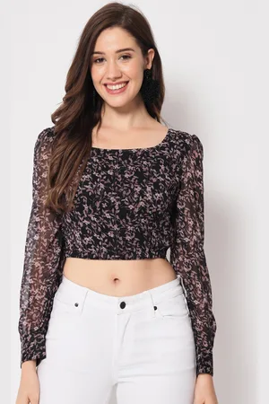 CHARMGAL Floral Print Chiffon Blouson Crop Top
