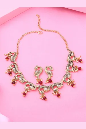 ESTELE Gold Plated Antique Traditional Peacock Necklace Set with Glowing Pearls
