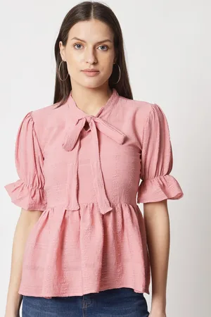 Atsevam Tie-Up Neck Puff Sleeve Pure Cotton Cinched Waist Top