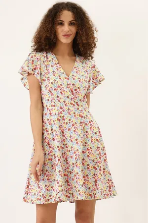 DODO & MOA Women White & Yellow Floral Crepe Dress