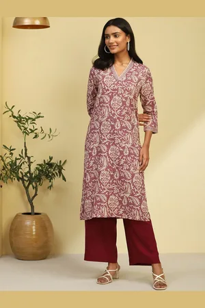 Biba Floral Printed Thread Work Cotton Straight Kurta