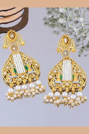 Alamod Gold-Plated Kundan & Pearl Classic Drop Earrings