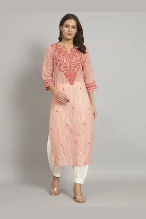 akheri Leheriya Printed V-Neck Thread Work Straight Kurta