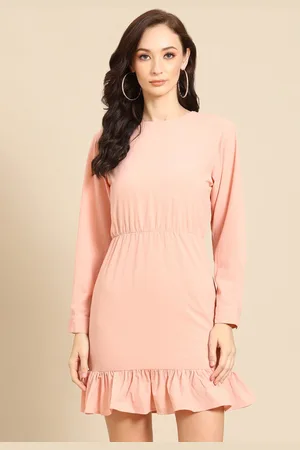 DODO & MOA Women Peach Solid Polyester A-Line Dress