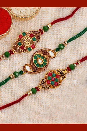 eCraftIndia Set Of 3 Red & Gold-Toned Religious Studded Rakhis