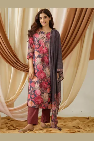 Ishin Blue & Pink Floral Printed Sequined Linen Kurta with Trousers & Dupatta