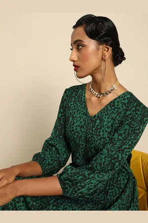 DODO & MOA Women Green Animal Printed A-Line Dress