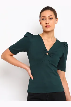 COVER STORY Women Teal Solid Puff Sleeve V-Neck Top