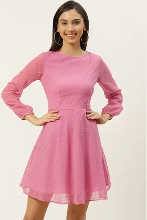 DODO & MOA Women Pink Dobby Weave Semi Sheer A-Line Dress