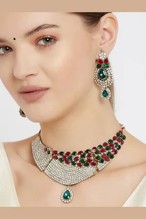 ESTELE Gold Plated Sparkling Choker Necklace Set with Ruby & Emerald for Women