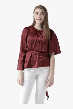 DODO & MOA Women Maroon Satin Peplum Top with Ruffles