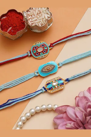 eCraftIndia Set of 3 Stone-Studded Rakhi With Roli Chawal