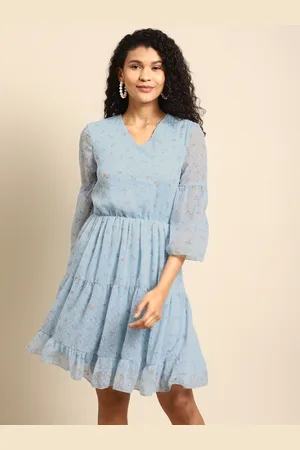 DODO & MOA Women Blue & Pink Floral Printed Dobby Pattern Fit and Flare Tiered Dress